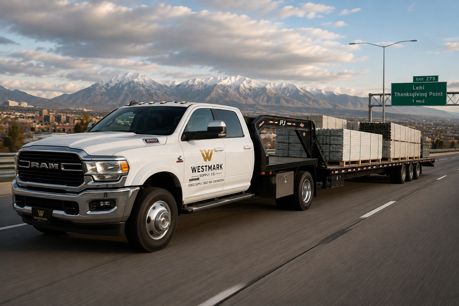 Westmark Supply Co. delivery truck hauling vinyl fence materials