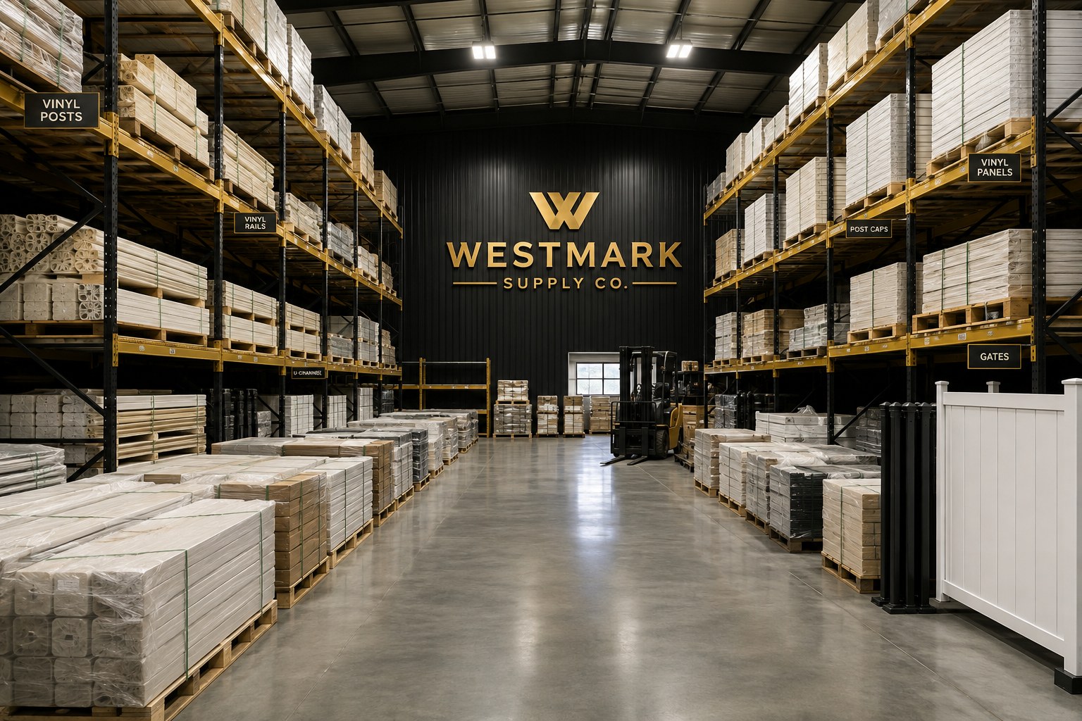 Westmark Supply Co. warehouse aisle with vinyl fence materials staged for pickup